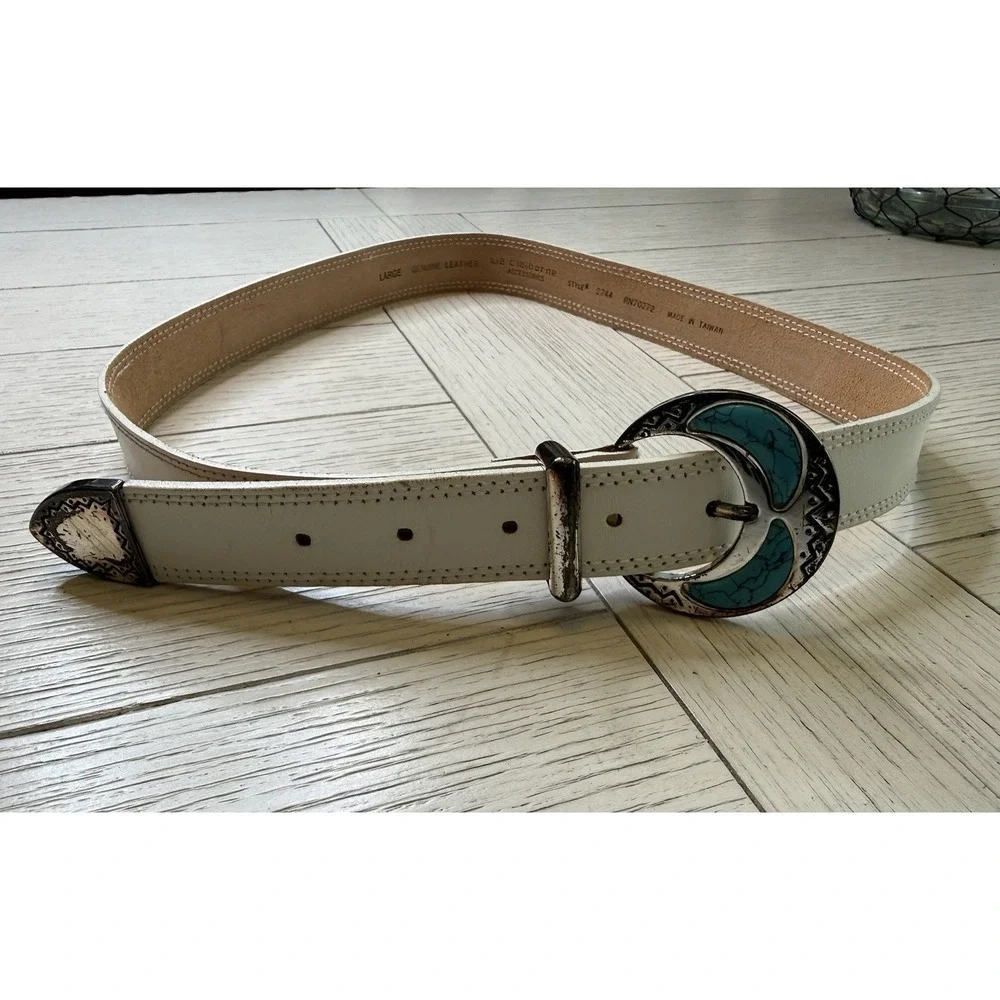 Vtg 1988 LIZ CLAIBORNE Women's L Wide‎ Belt White Leather Turquoise Buckle Retro